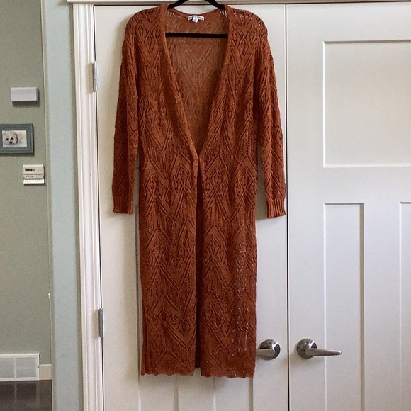 Deep Orange Rust Long Crochet Cardigan - Picture 1 of 7